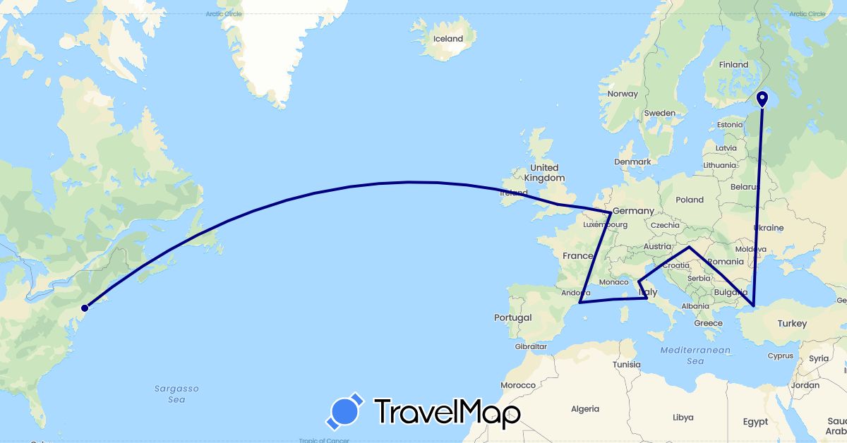 TravelMap itinerary: driving in Spain, United Kingdom, Hungary, Ireland, Italy, Russia, Turkey, United States (Asia, Europe, North America)