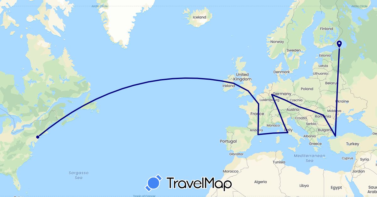 TravelMap itinerary: driving in Austria, Germany, Spain, France, United Kingdom, Ireland, Italy, Romania, Russia, Turkey, United States, Vatican City (Asia, Europe, North America)
