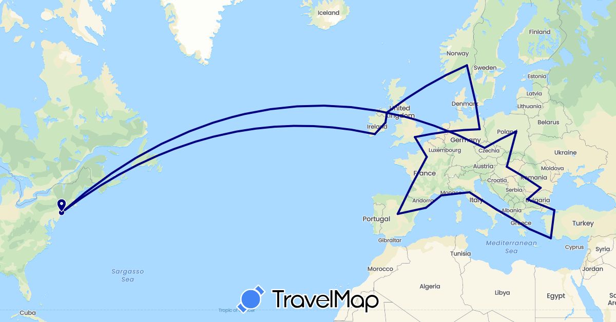 TravelMap itinerary: driving in Bulgaria, Czech Republic, Germany, Denmark, Spain, France, United Kingdom, Greece, Hungary, Ireland, Italy, Norway, Poland, Romania, Turkey, United States (Asia, Europe, North America)